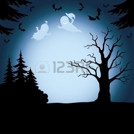 21463595-halloween-cartoon-landscape-with-silhouettes-of-trees-ghosts-and-bats-vector